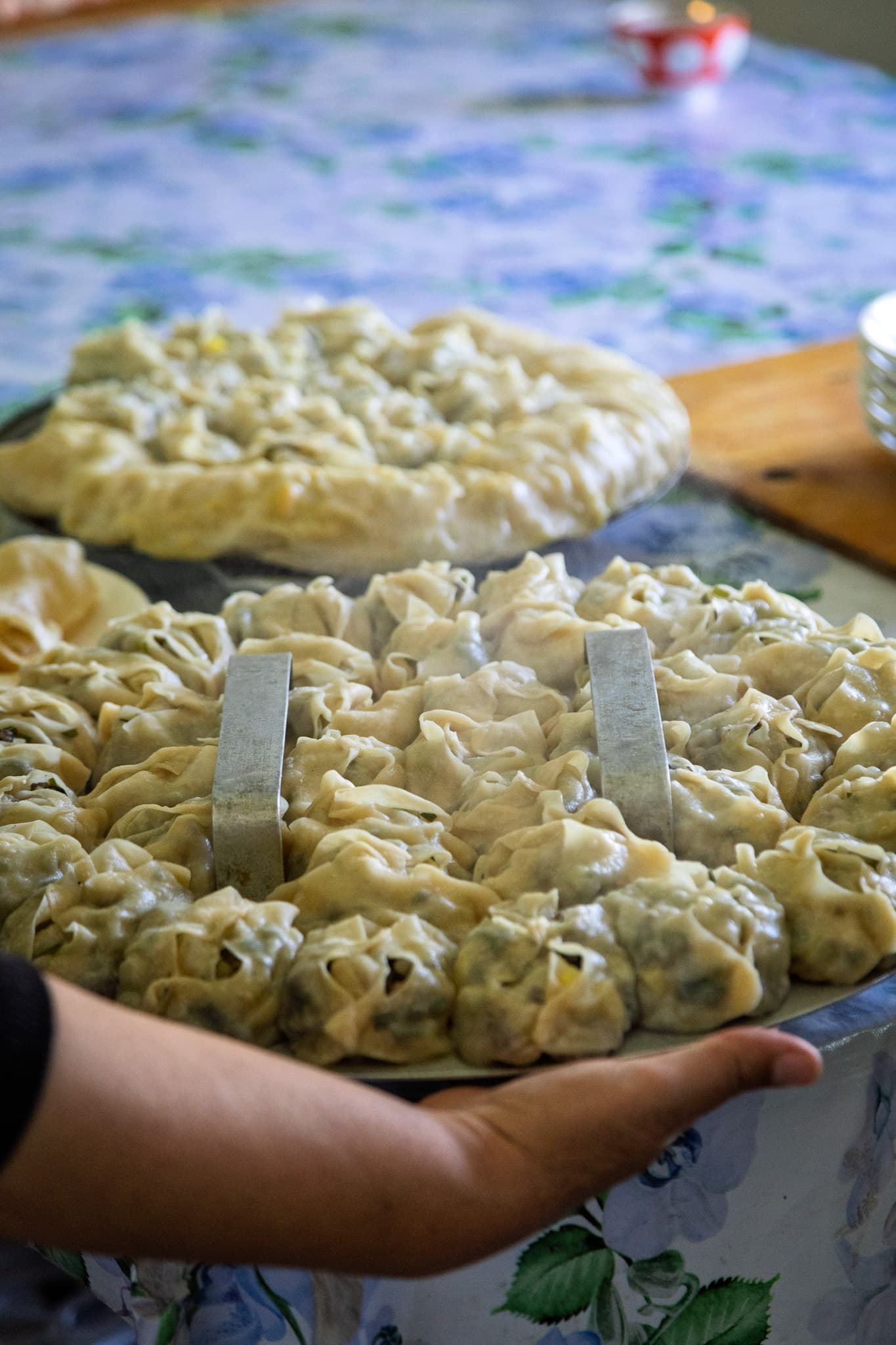 smoking manti coming out of the oven in Ak Tash 